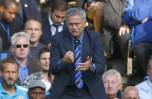 Chelsea manager Mourinho reacts during their English Premier League soccer match against Arsenal at Stamford Bridge in London
